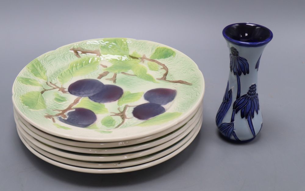 Six St. Clement moulded dishes and a Moorcroft vase